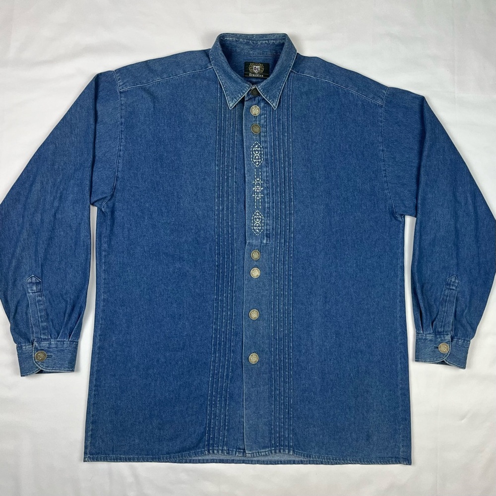 OS Trachten Mens German Oktoberfest Button Up Shirt Large Denim Long Sleeve B8 - Picture 2 of 7